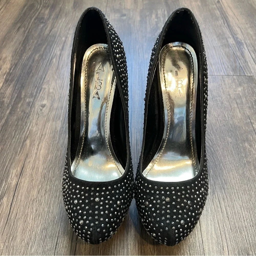 Alba Red Sole Black Suede Silver Rhinestone Platform Stiletto High Heels 8.5